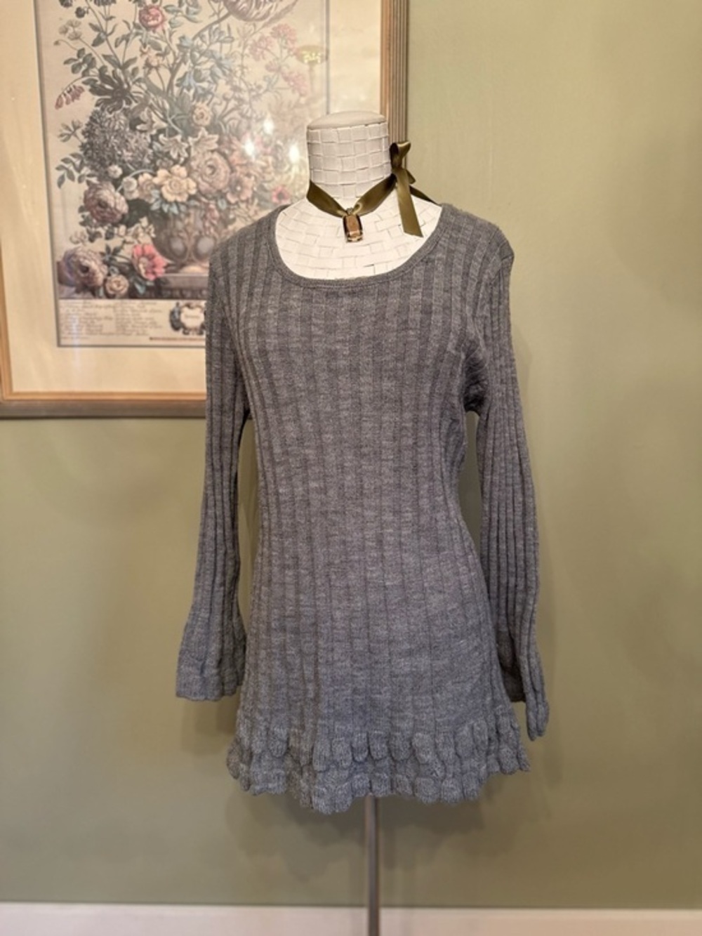 🇨🇦 Feelings Grey Ribbed Wool-Blend Ruffle Hem Tunic Sweater - Picture 1 of 12